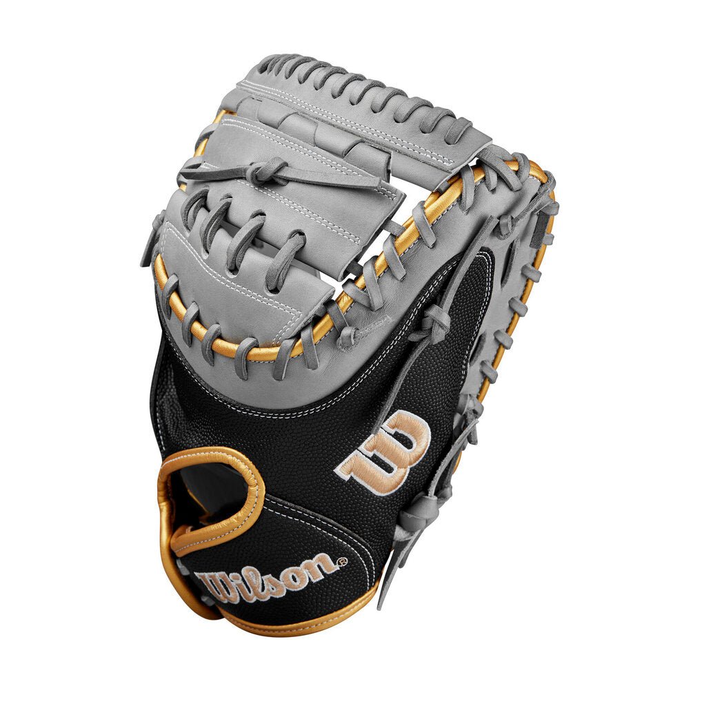 Wilson A2000 catcher mitt, grey web and thumb with black palm and gold lacing