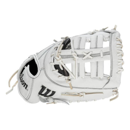 Wilson white first base mitt with black inset, web and finger stalls visible