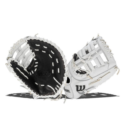 Wilson first base baseball mitt with open black pocket, white leather lacing and web