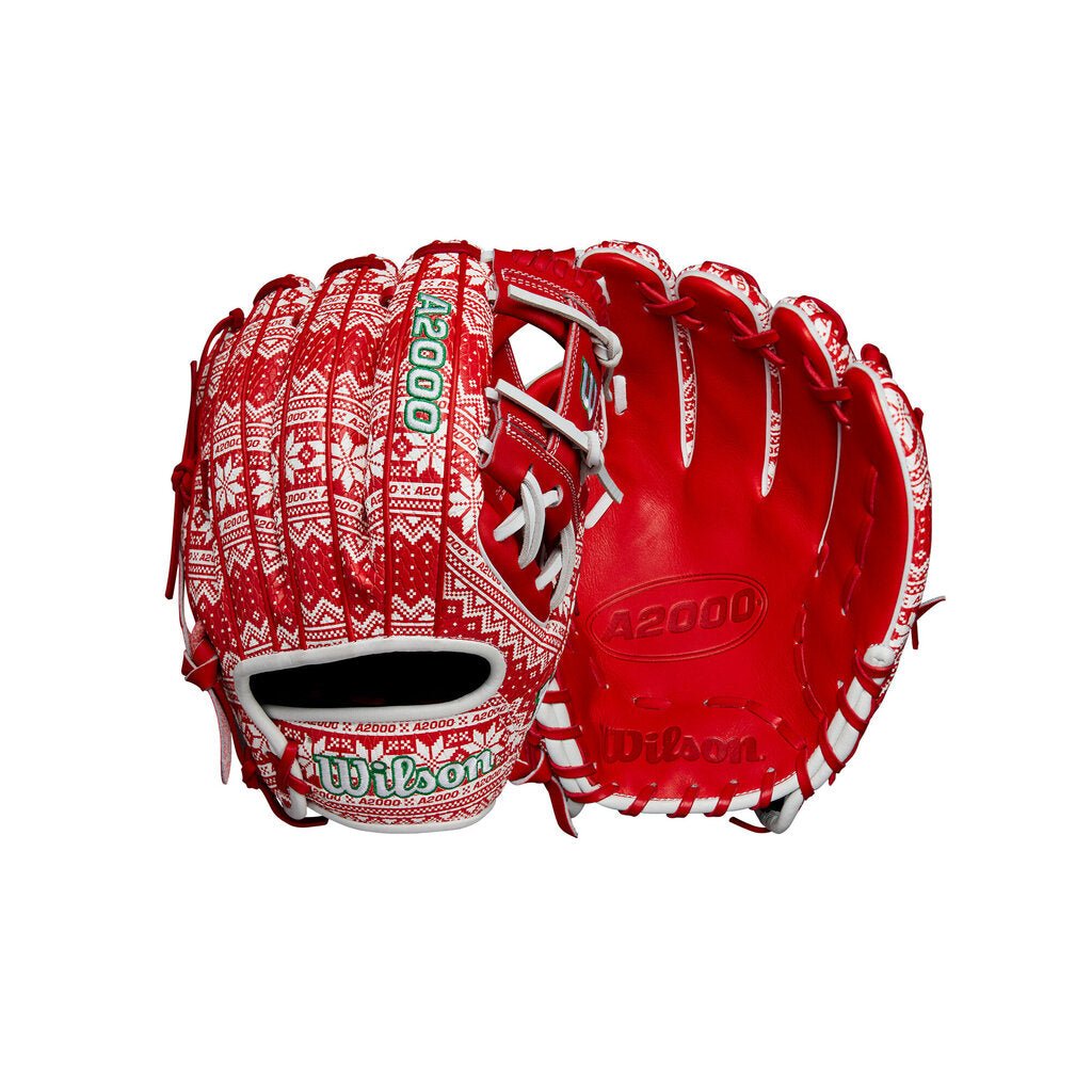 Baseball glove with red leather, white patterned laces, and green emblem on back