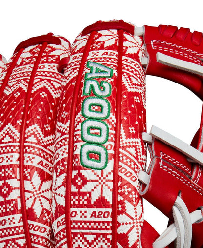 Close-up baseball glove back with red-and-white pattern and green emblem patch