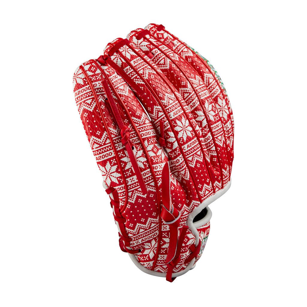 Red baseball glove with white geometric pattern on the back and stitched finger stalls