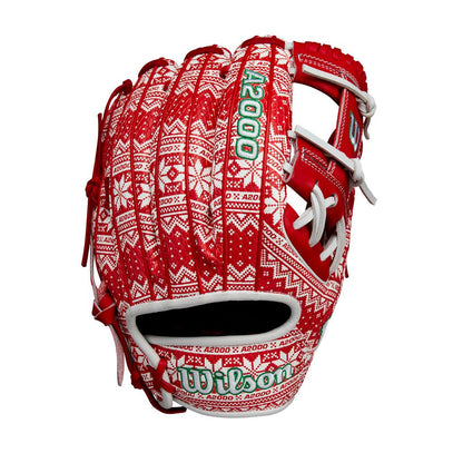 Baseball glove with red-and-white patterned back, red palm, and open web pocket