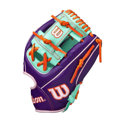 Baseball glove, seafoam palm with purple back, orange cross-lace web straps
