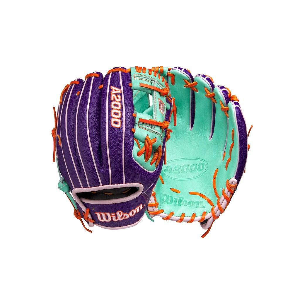 Baseball glove, purple and seafoam leather with orange lacing and web detail