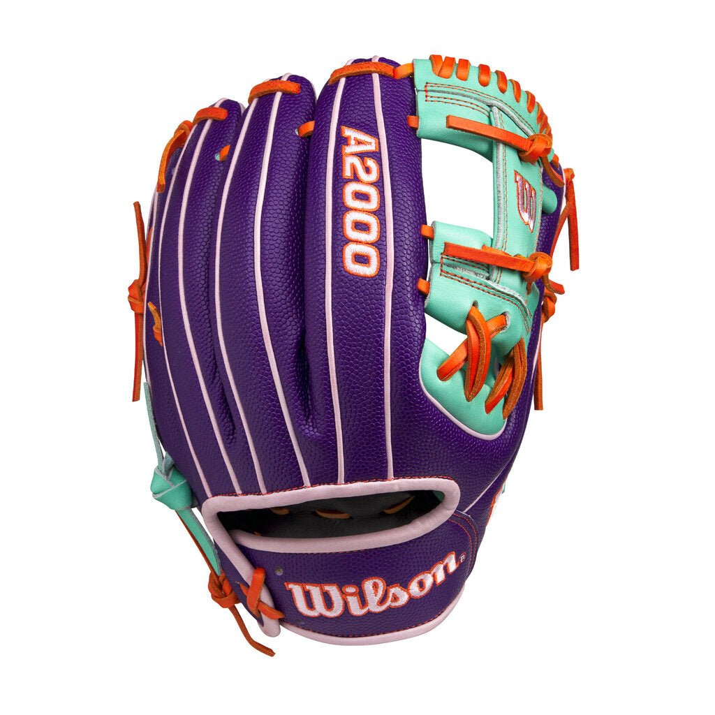 Baseball glove back view, purple finger panels with seafoam liner and orange laces