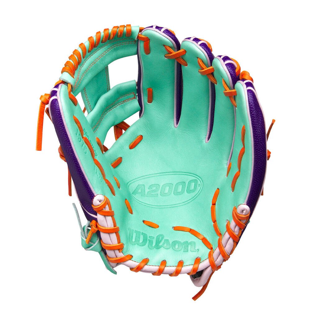 Baseball glove pocket, seafoam interior with purple sides and orange stitching