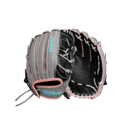12.25-inch fastpitch softball glove in grey, black, and pink with lacing