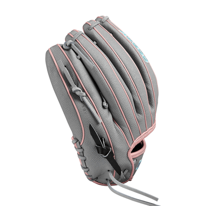 Fastpitch softball glove, grey shell with pink stripes and black interior, side view