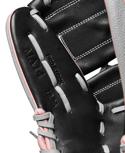 Fastpitch softball glove close-up of black leather palm with grey and pink edging