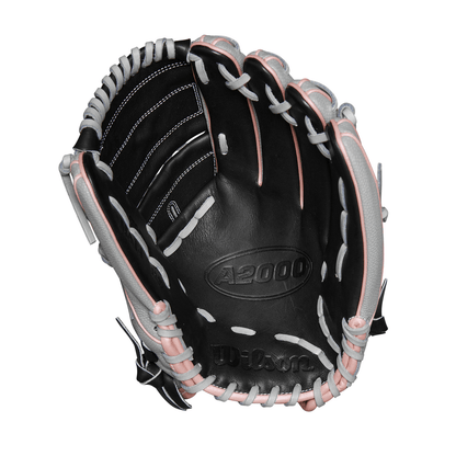 Black fastpitch softball glove with grey lining and pink accents, A2000-style stamp