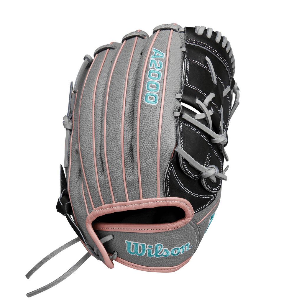 Fastpitch softball glove, grey outer with pink lacing and black pocket, front view