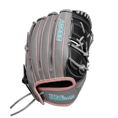 Fastpitch softball glove, grey outer with pink lacing and black pocket, front view