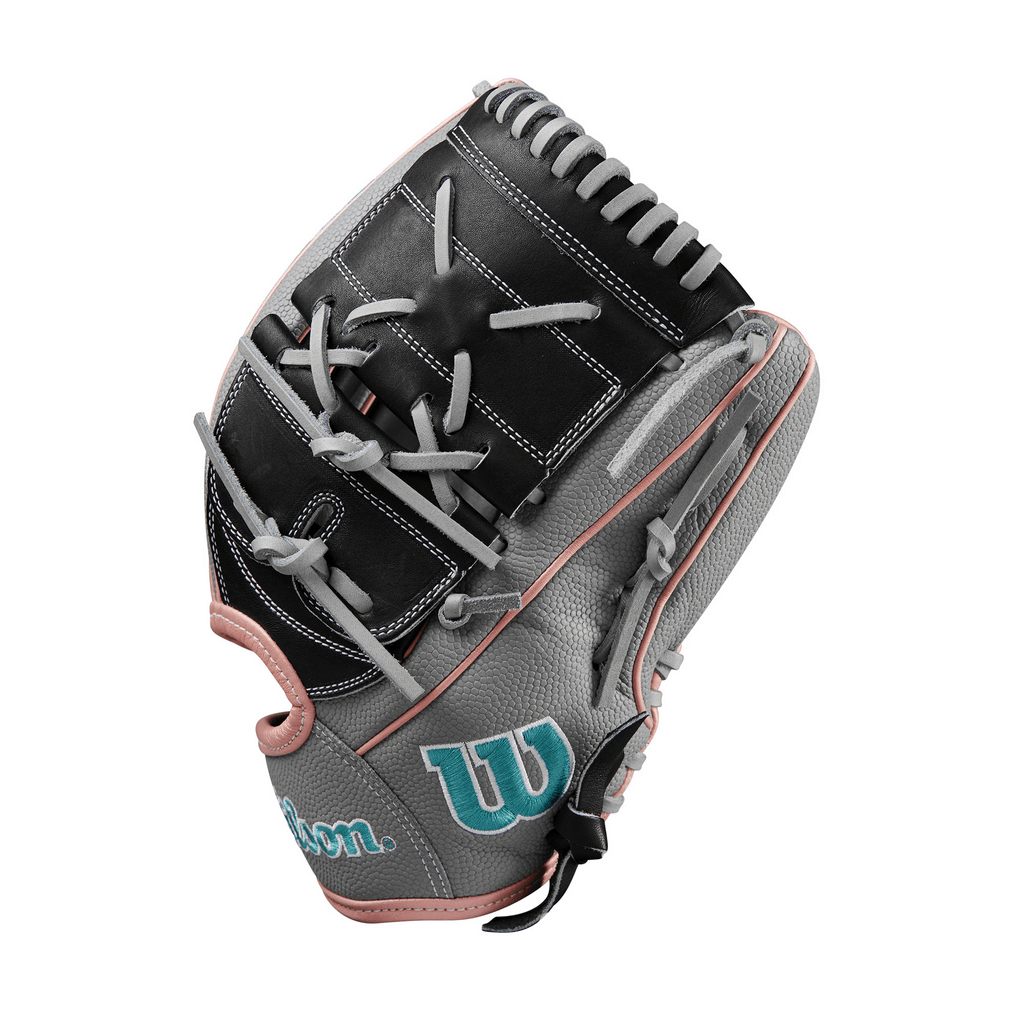 Fastpitch softball glove with black palm, grey panels, and pink trim, open web