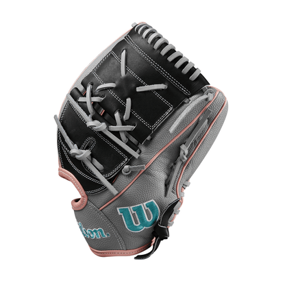 Fastpitch softball glove with black palm, grey panels, and pink trim, open web