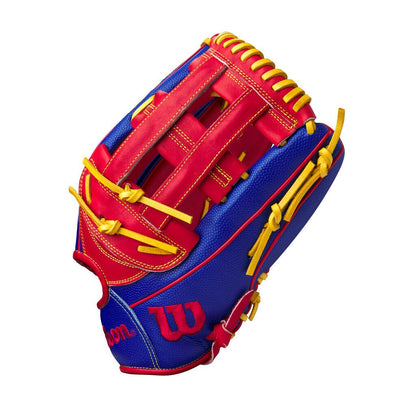 Baseball glove side view, red web and pocket with blue leather and yellow laces.