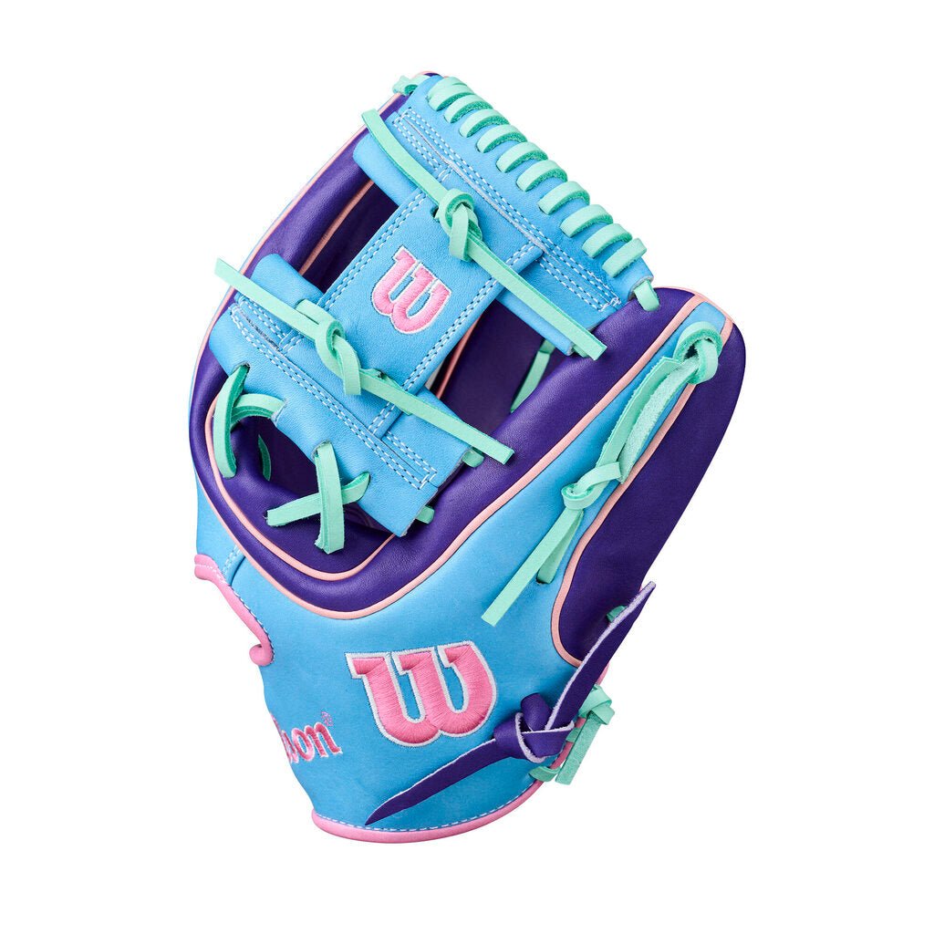 Purple and sky blue baseball glove with open pocket and green-and-pink lace trim