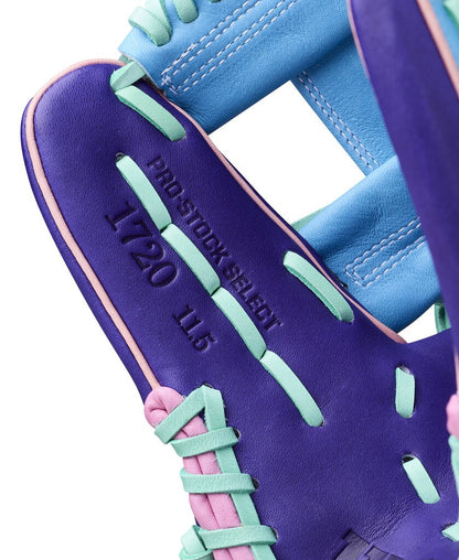 Close-up of purple glove leather with green laces and engraved 1720 text panel