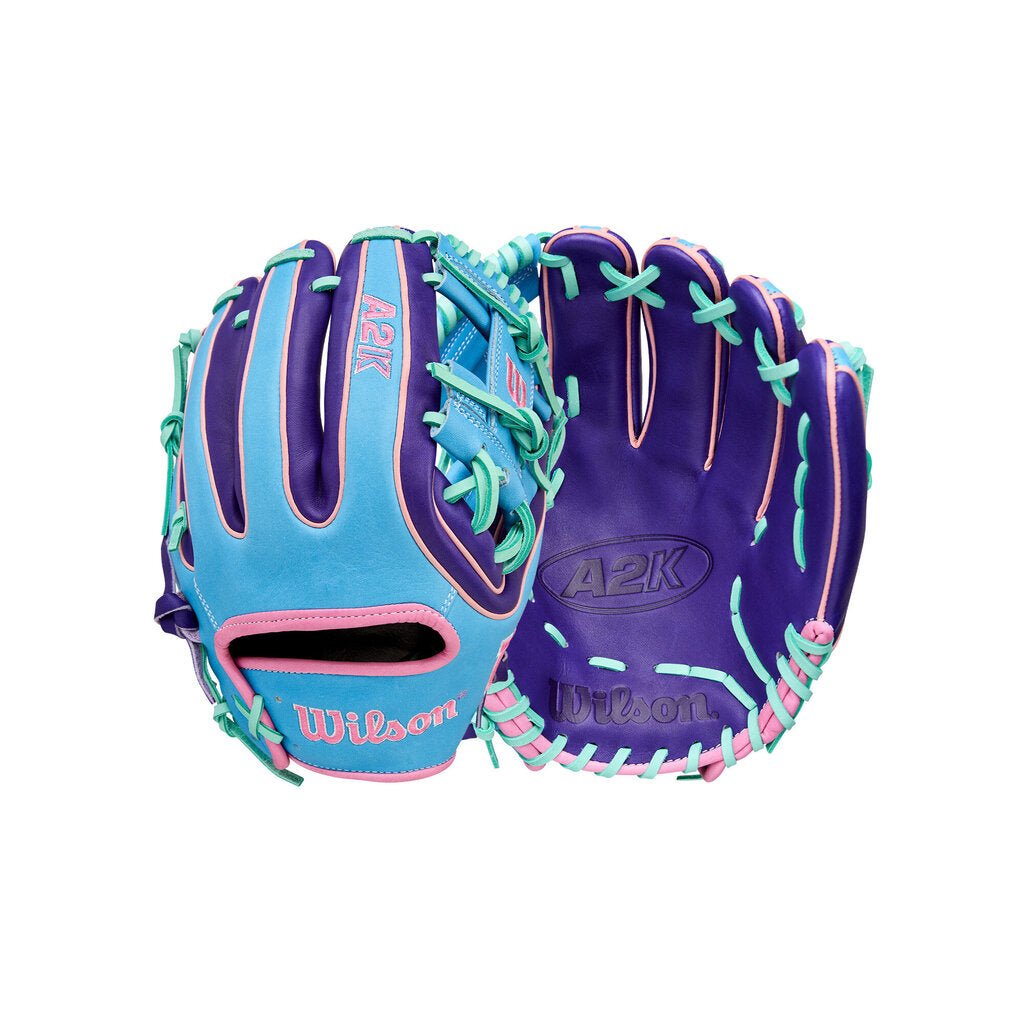 Baseball glove in purple and sky blue with teal lacing and Wilson-style web detail