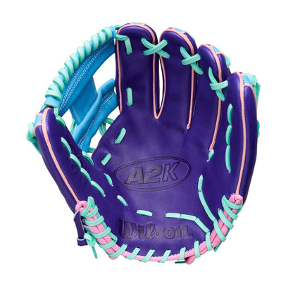 Baseball glove with A2K oval logo, purple shell, light blue web, green laces