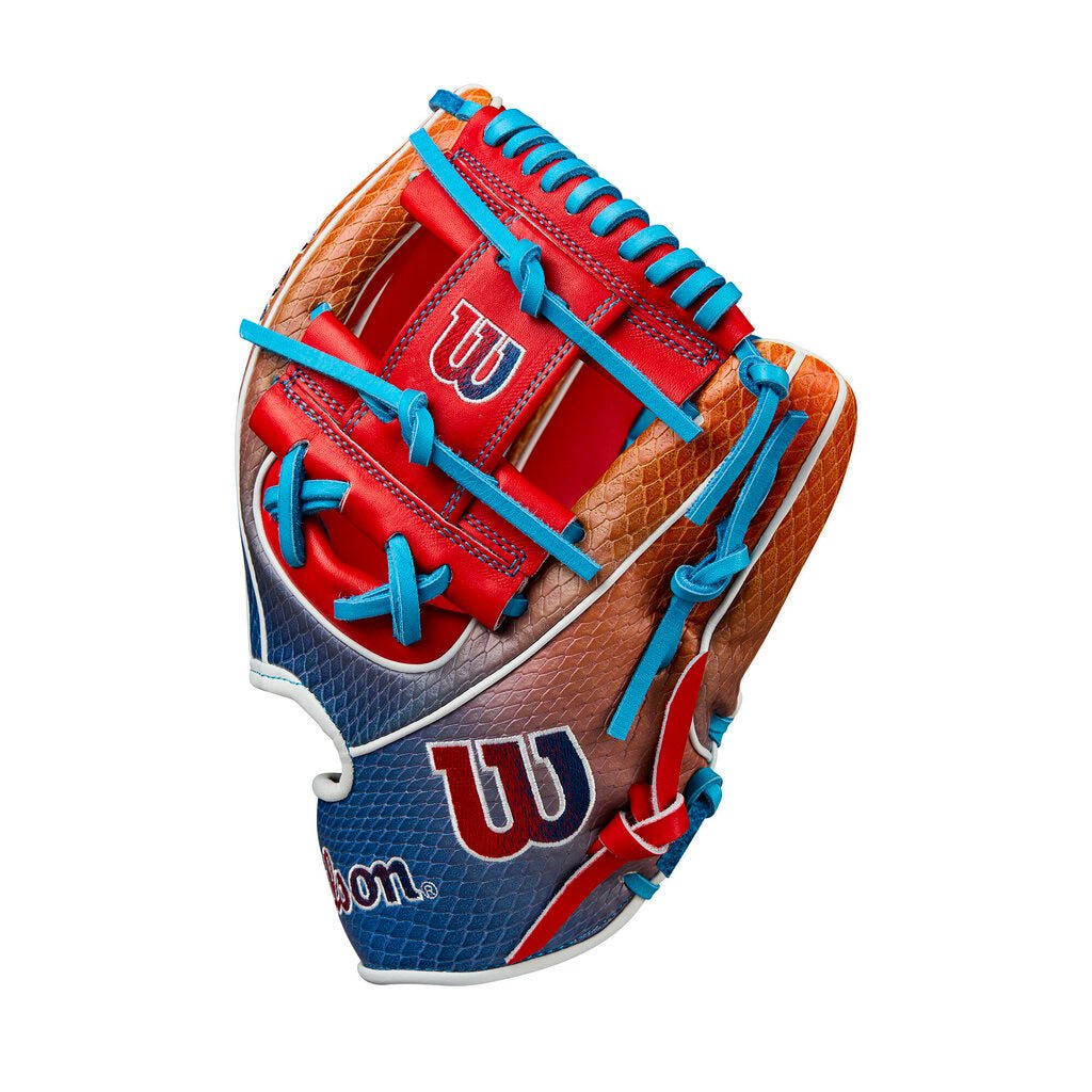 Baseball glove front view with red pocket, tan and dark blue back panels, blue web laces.