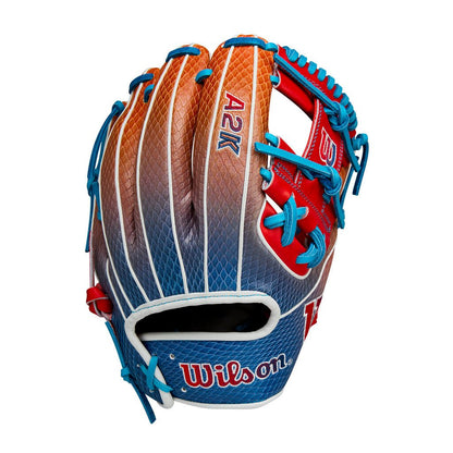 Baseball glove side view with Wilson logo, red palm, dark blue wrist, blue laces.