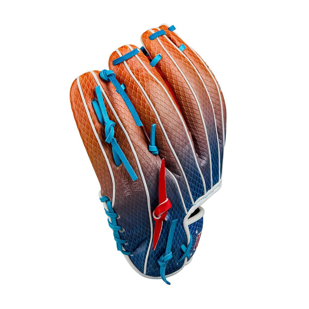 Baseball glove back view with tan and dark blue panels, blue straps, and red accent.