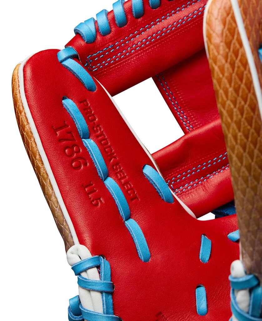 Baseball glove close-up of red leather and blue lacing, with detailed stitching and webbing.