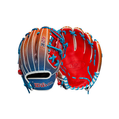 Baseball glove with red and dark blue leather and blue laces, 11.5-inch size.