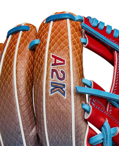 Baseball glove close-up showing A2K patch on tan back panel and blue lacing straps.