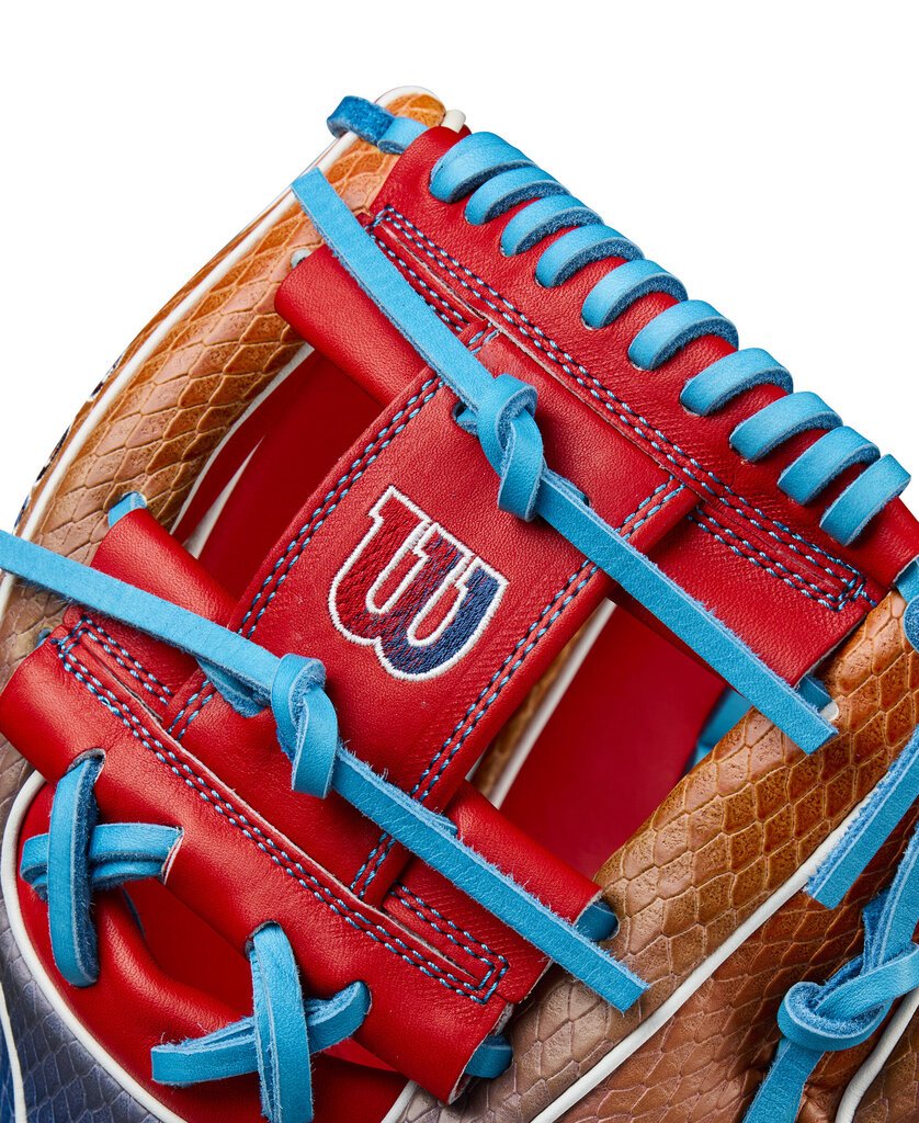 Baseball glove web close-up with red interior pocket and tan webbing, blue laces and trim.