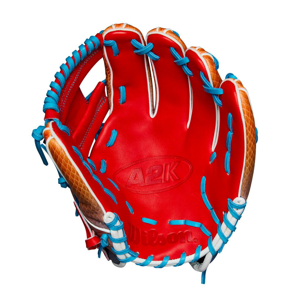 Baseball glove palm with embossed A2K logo, red leather, and blue web lacing details.