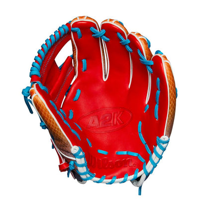 Baseball glove palm with embossed A2K logo, red leather, and blue web lacing details.