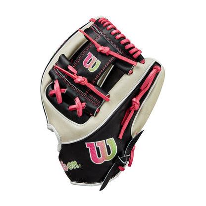 Baseball glove in black with grey backing and pink finger laces, side view.
