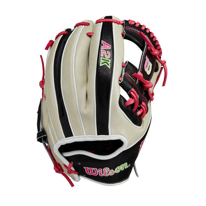 Baseball glove side profile with grey leather, black pocket, and pink trim stitching.