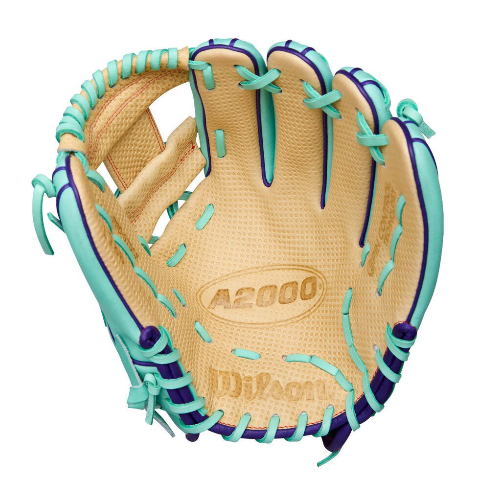Baseball glove with beige pocket, seafoam laces, purple trim, A2000 logo