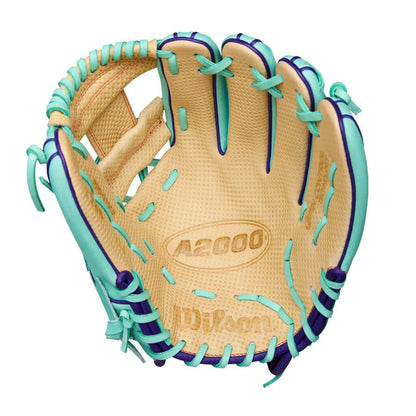 Baseball glove with beige pocket, seafoam laces, purple trim, A2000 logo