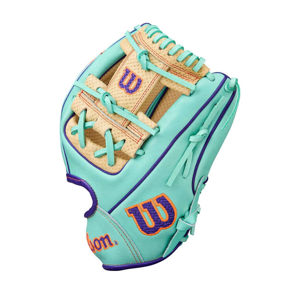 Seafoam and purple baseball glove with beige web, stitched W detail