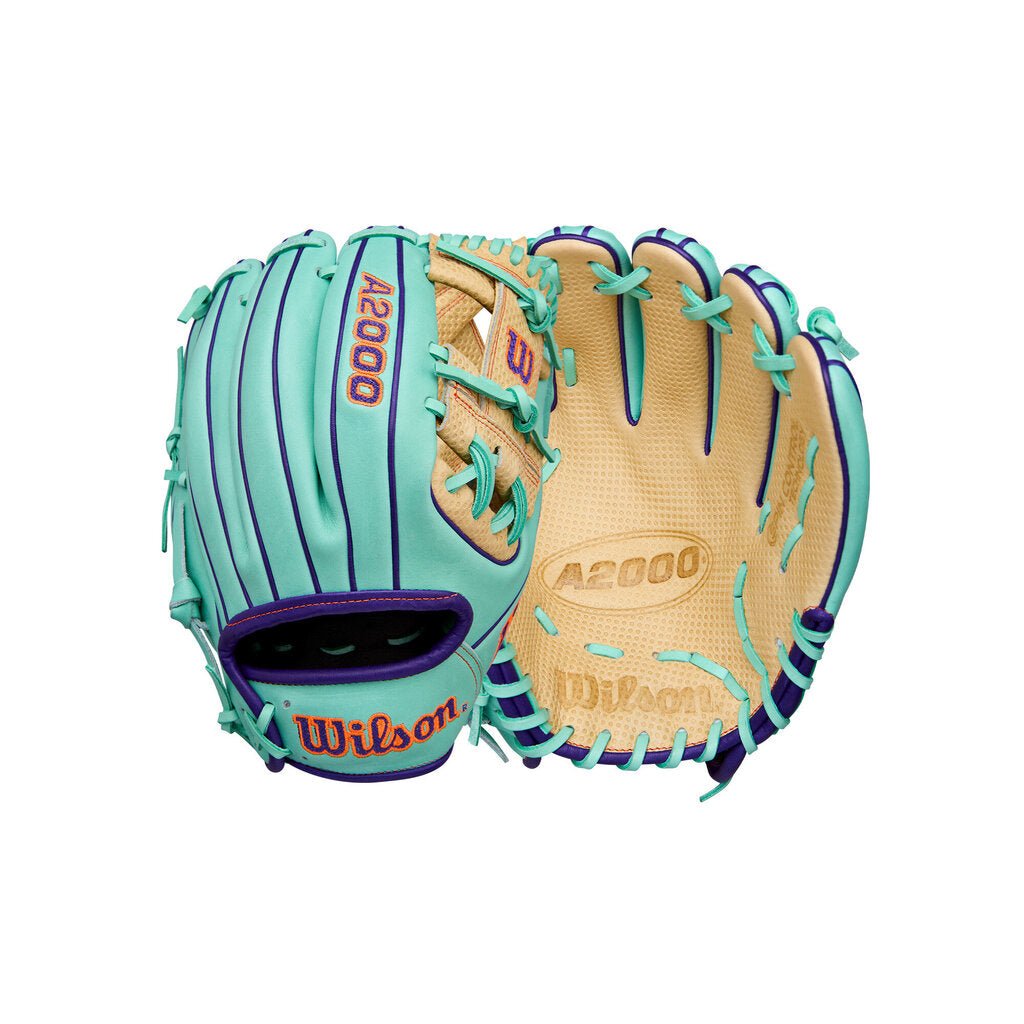 Seafoam baseball glove with blonde web and purple trim, Wilson logo