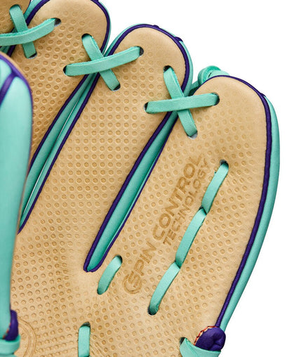 Baseball glove back close-up with blonde finger areas and seafoam lacing