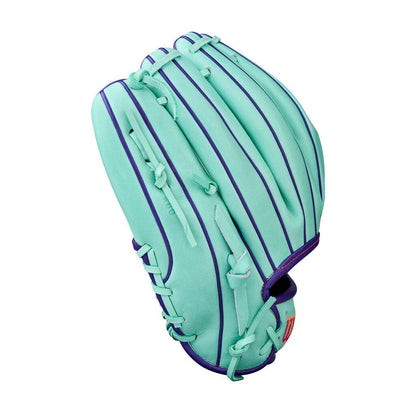 Seafoam baseball glove with purple-edged laces and open finger pocket